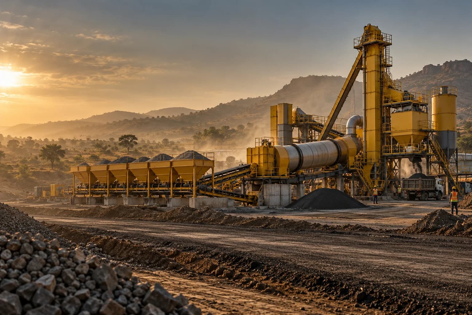 Asphalt production equipment at a road construction site