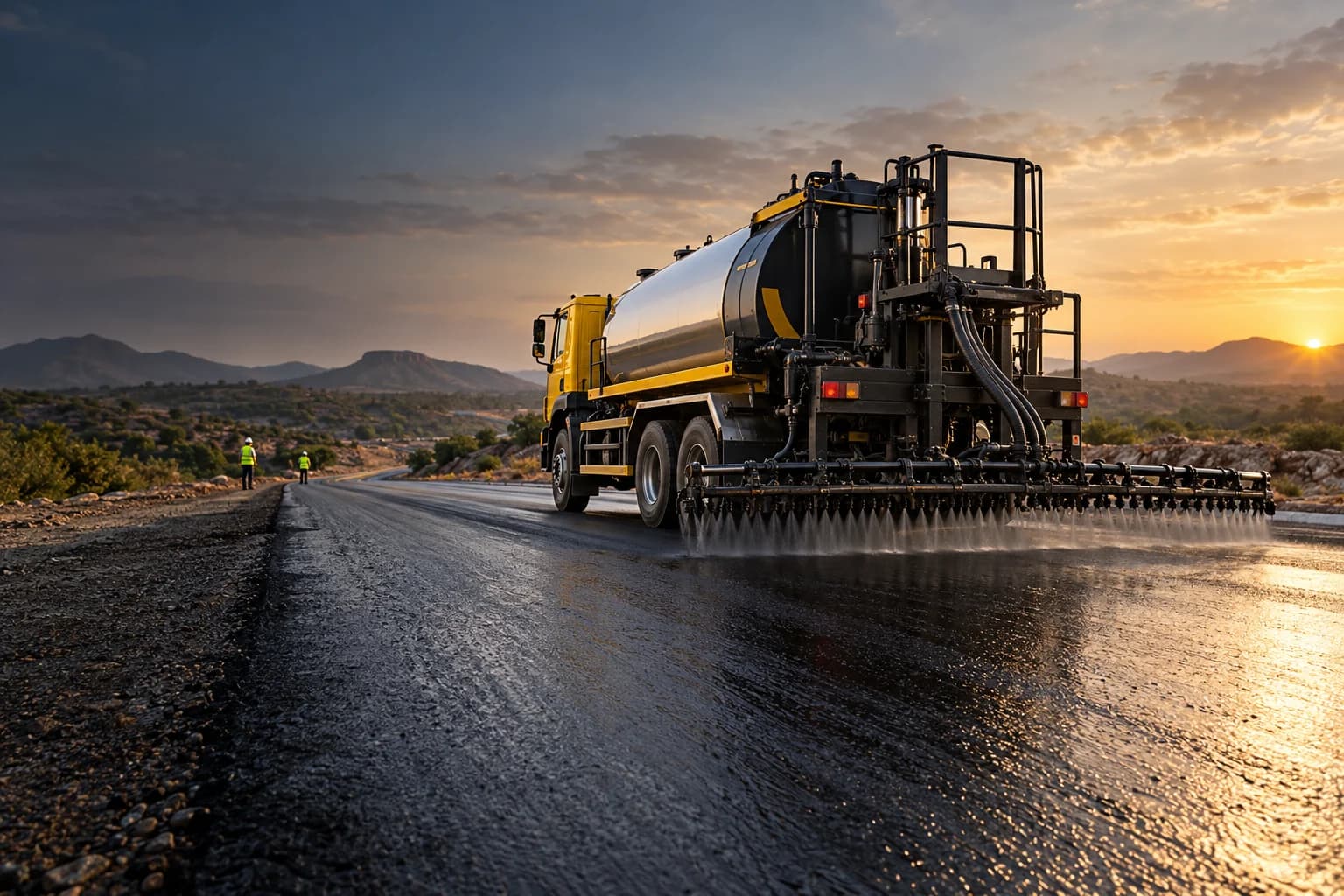 Bitumen distributor applying a road surface treatment